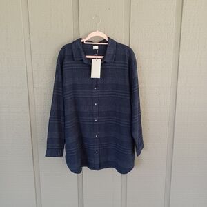 Poetry Women Shirt Size 14 Minimalist Hemp Cotton Blend Button Front Dark Blue